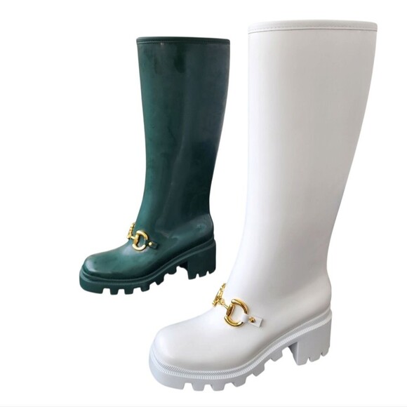 GUCCI Left Only Rubber Rain Boots Womens 35 US 5 Green White Horsebit Amputee - Picture 2 of 15